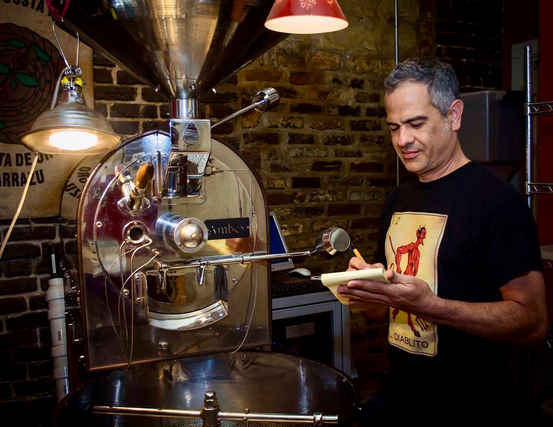 Artisan coffee roaster in a small-batch workshop